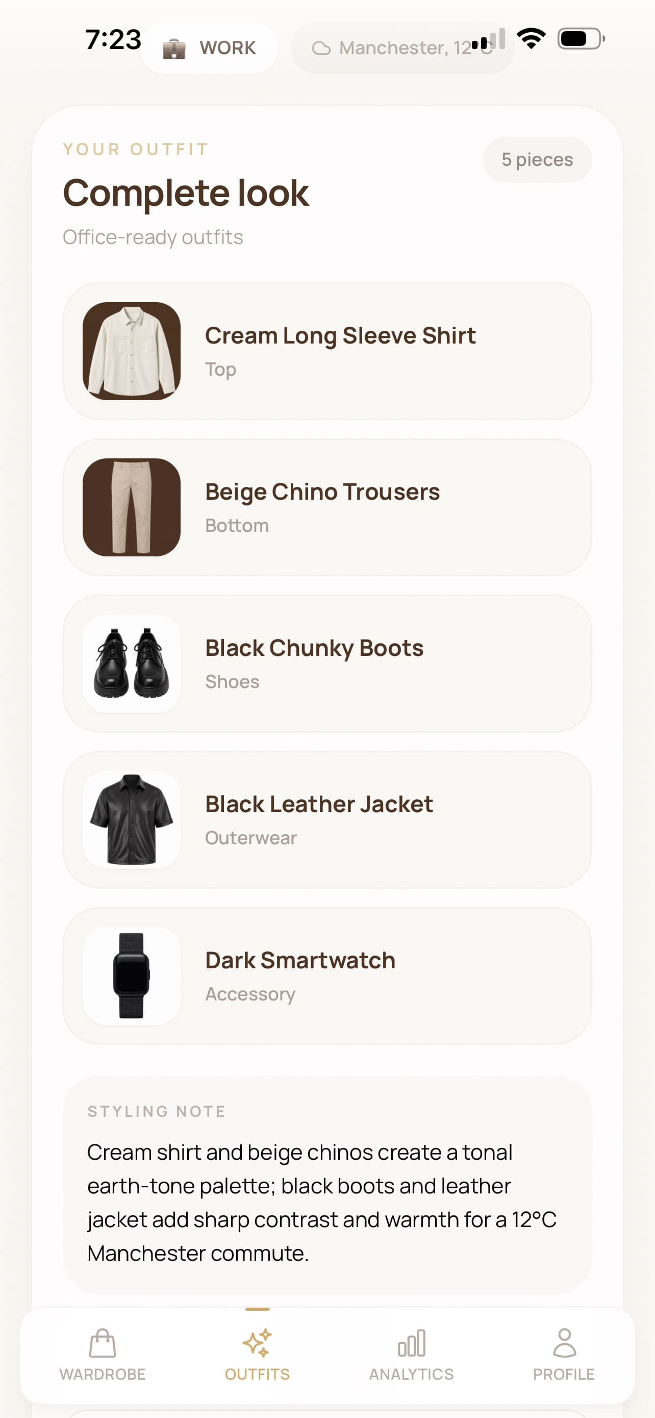 Flare complete outfit result with clothing pieces and styling note