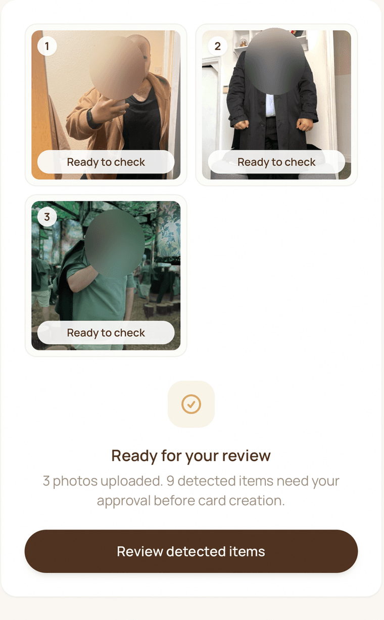 Flare upload screen showing three clothing photos ready for review with faces blurred