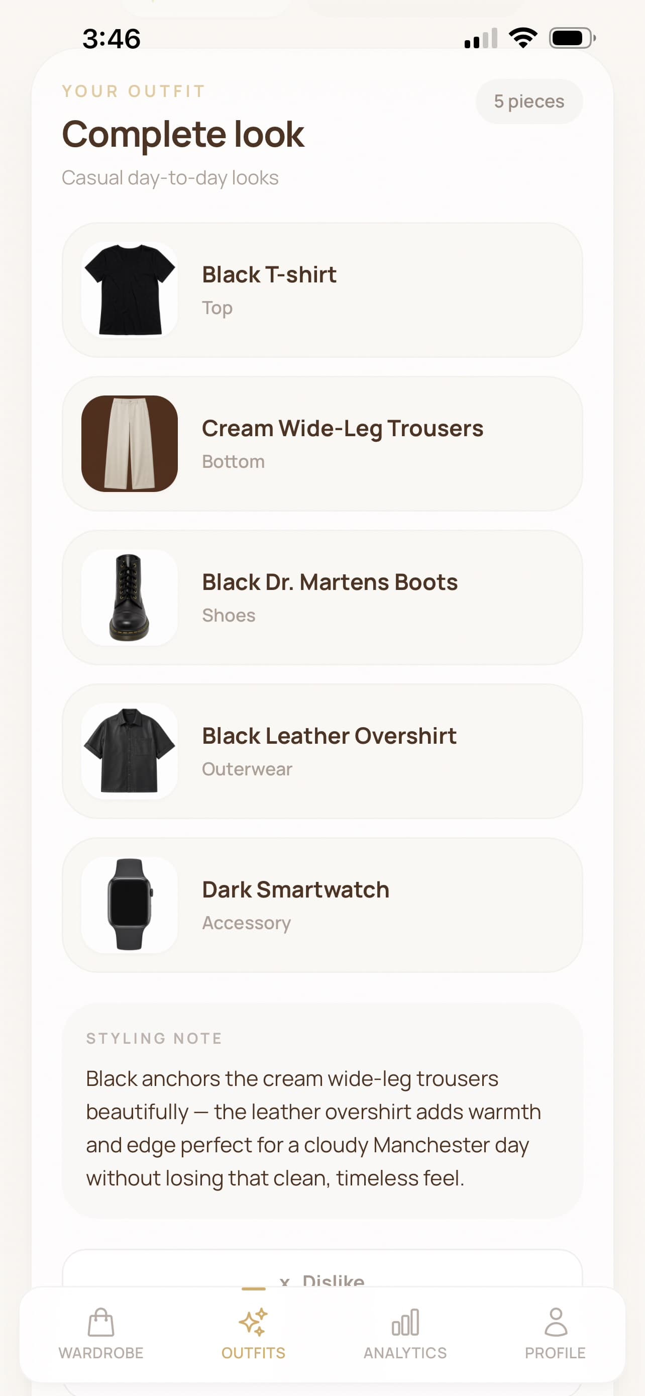 Flare outfit result showing a complete look from approved wardrobe items